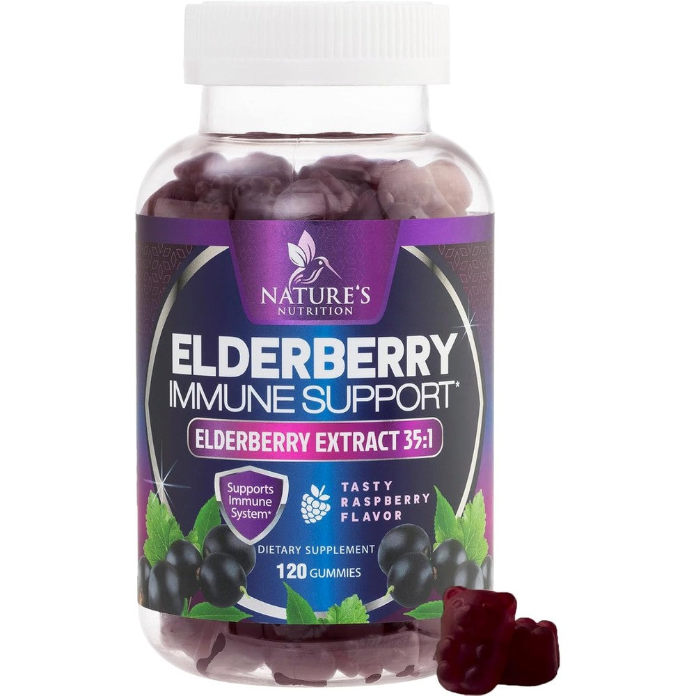 Nature's Nutrition Elderberry Daily Immune Support 120 Gummies front bottle view for daily family wellness.