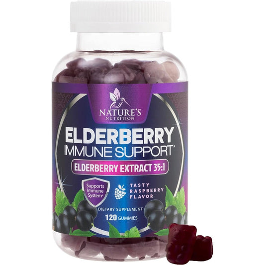 Nature's Nutrition Elderberry Daily Immune Support 120 Gummies front bottle view for daily family wellness.