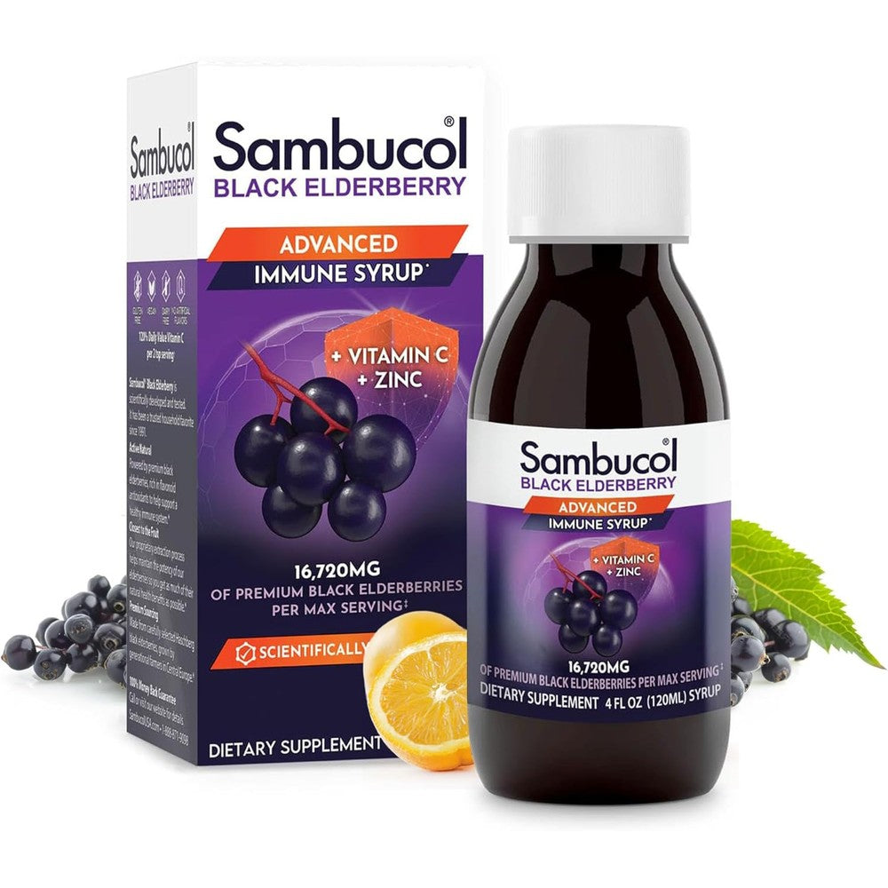 Sambucol Advanced Black Elderberry Syrup front packaging box showing immune support benefits