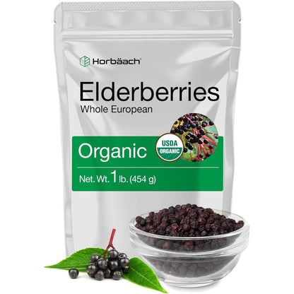 Horbäach Dried Organic Elderberries front view packaging bag