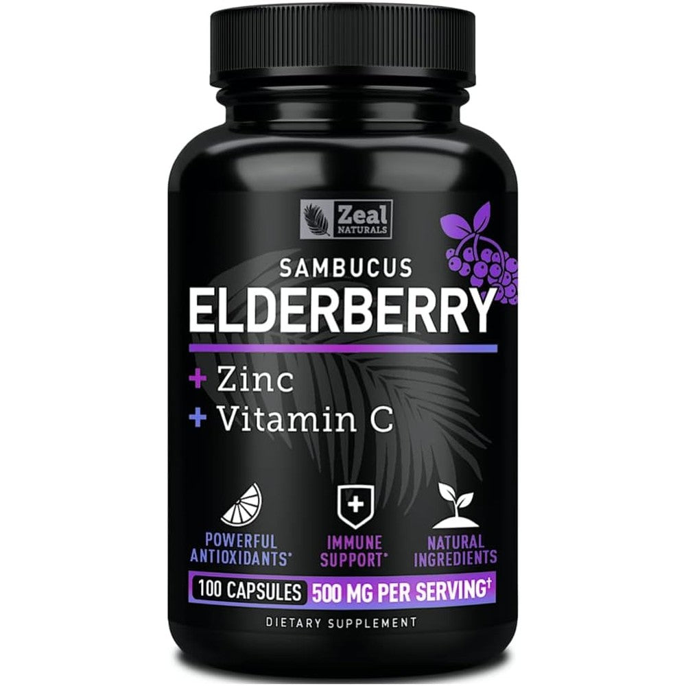 Zeal Naturals Max Strength Black Elderberry 100 capsules front view showing original USA packaging.