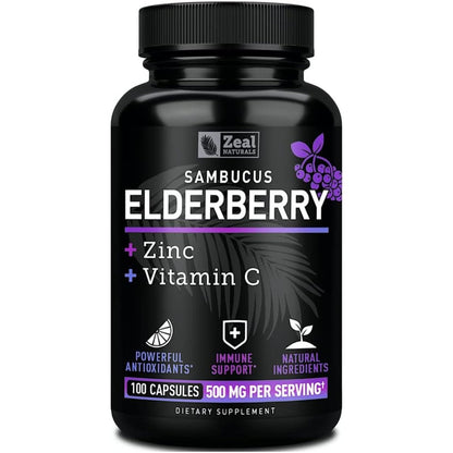 Zeal Naturals Max Strength Black Elderberry 100 capsules front view showing original USA packaging.