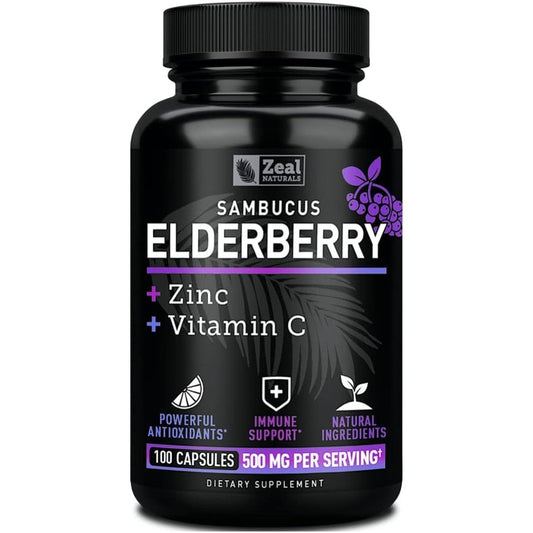 Zeal Naturals Max Strength Black Elderberry 100 capsules front view showing original USA packaging.
