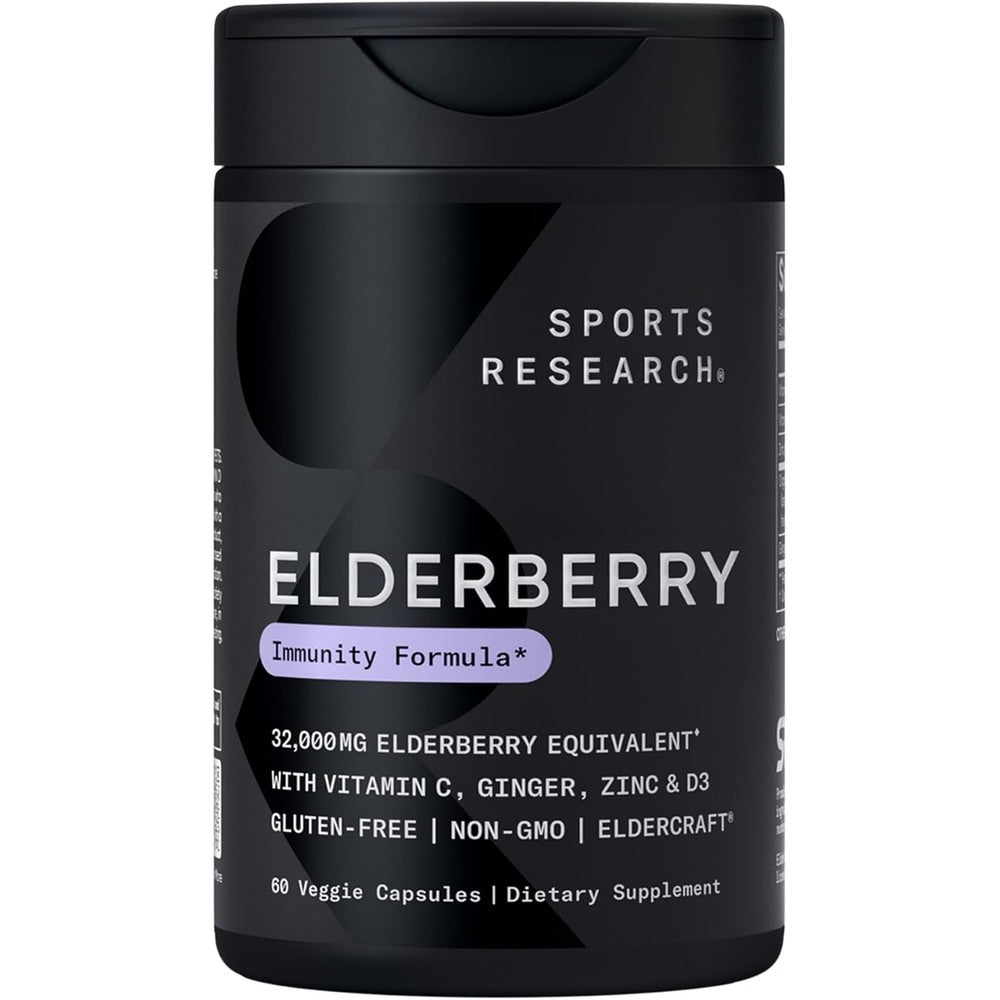 Sports Research Daily Immune Support Elderberry 60 Veggie Capsules front view of bottle packaging
