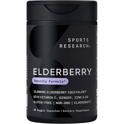Sports Research Daily Immune Support Elderberry 60 Veggie Capsules front view of bottle packaging