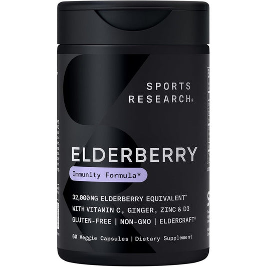 Sports Research Daily Immune Support Elderberry 60 Veggie Capsules front view of bottle packaging