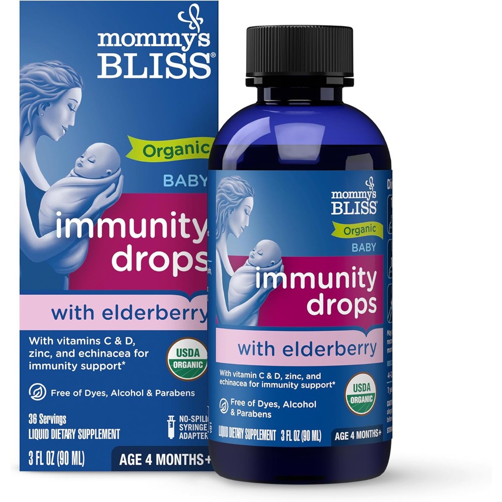 Mommy's Bliss Organic Baby Elderberry Drops front view of three fluid ounce bottle with no spill syringe for infant immune support