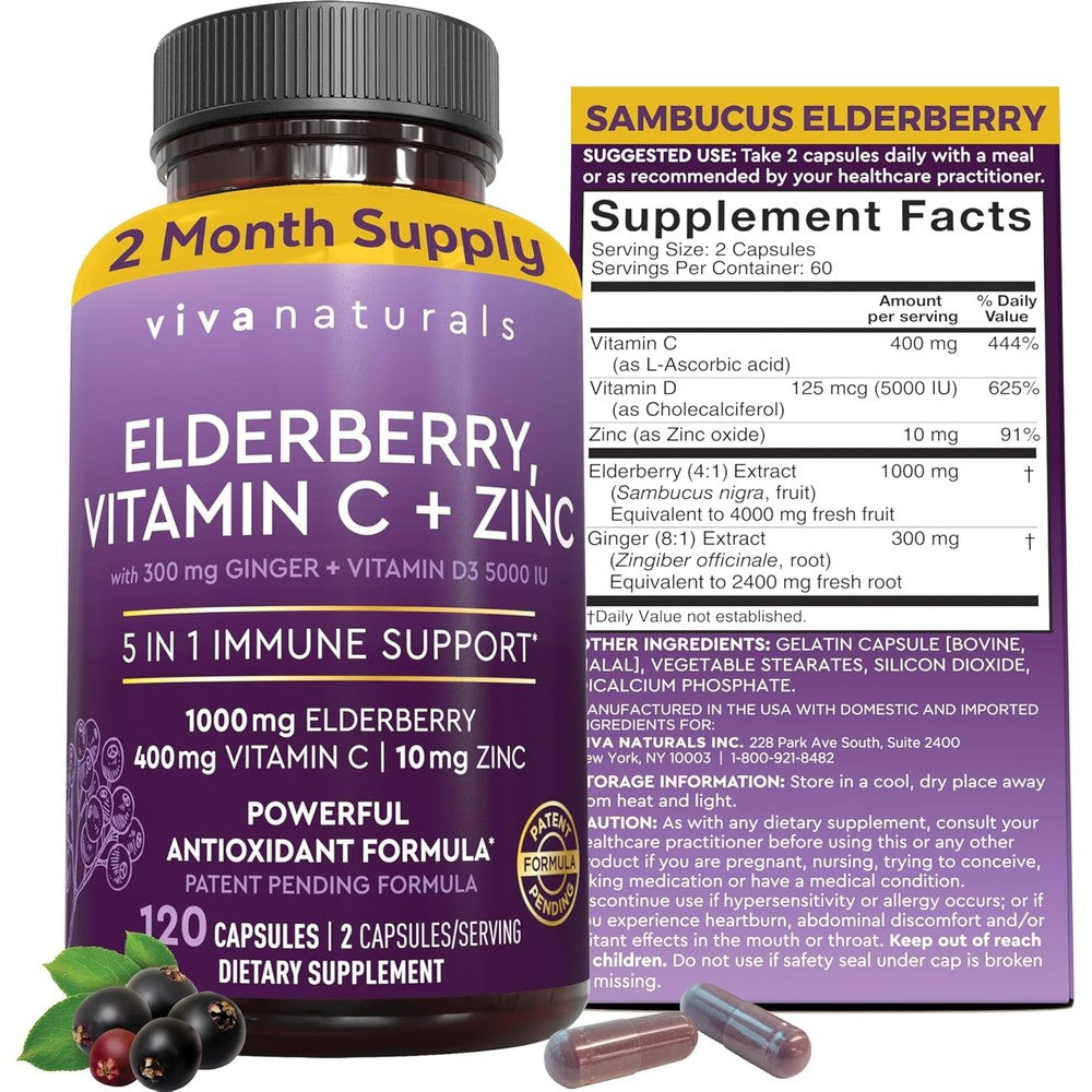 Viva Naturals 5 in 1 Elderberry 120 capsules front view bottle on authentic imported skincare store Rudra Retails