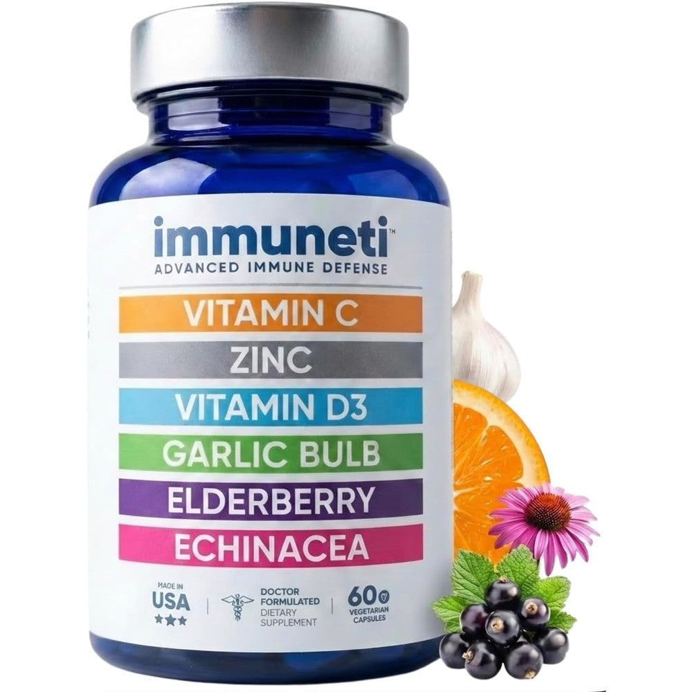 Immuneti Advanced Immune Support 60 vegetarian capsules front view bottle packaging for daily wellness.