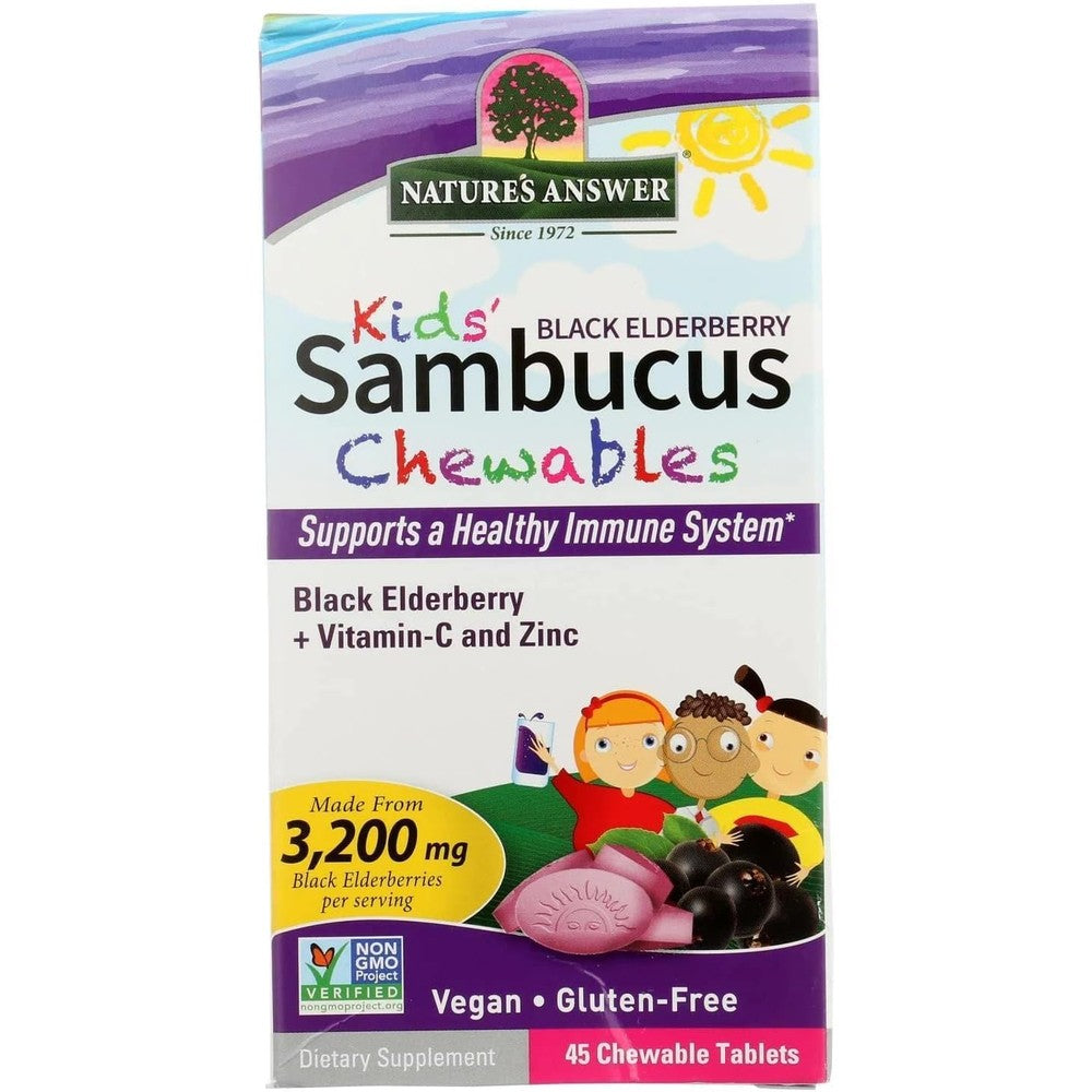 Nature's Answer Kids Sambucus Black Elderberry 45 chewable tablets front bottle view for children immune support