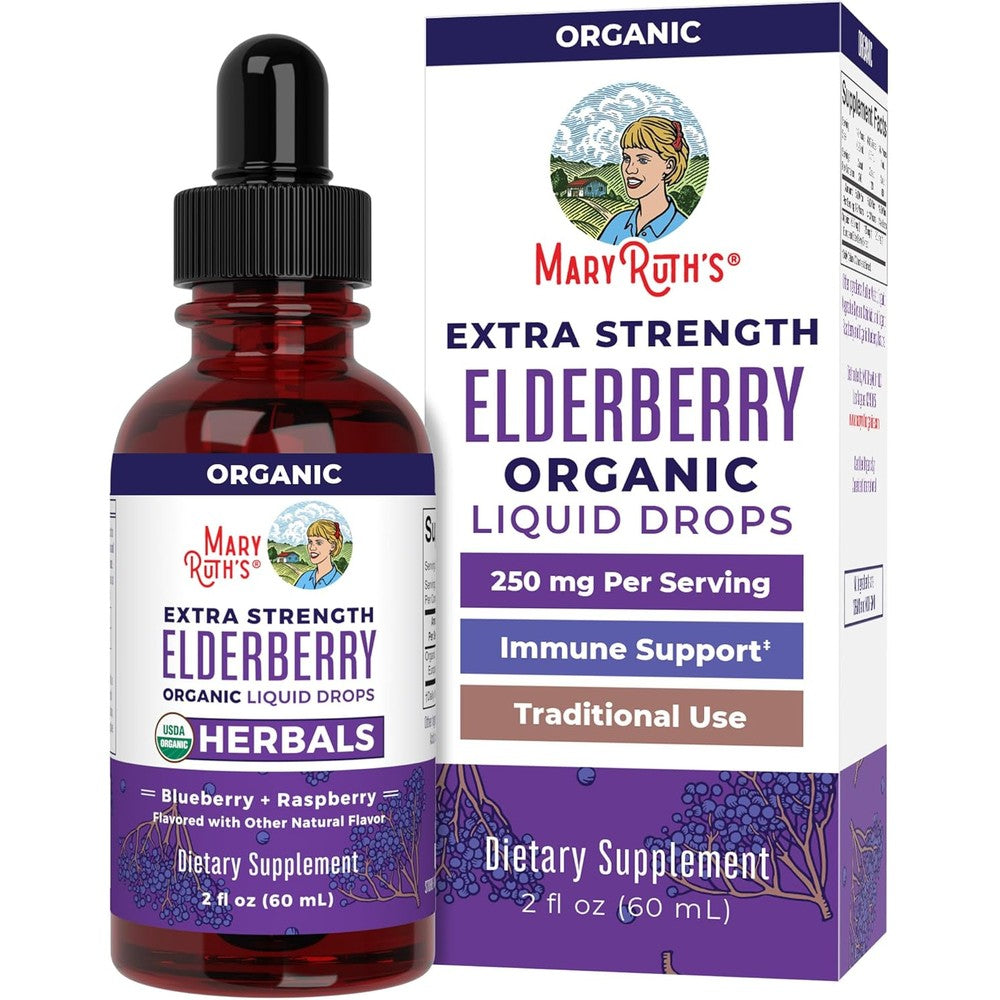 MaryRuth Organics Extra Strength Elderberry Syrup liquid bottle front view for immune support