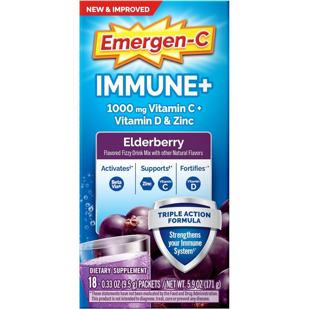 Emergen-C Immune Plus Triple Action Powder 18 Count box front view for immune support