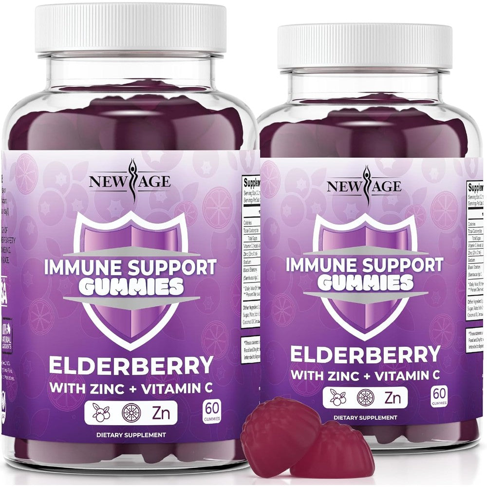 NEW AGE Black Elderberry Immune System Support Gummies front view of full bottle containing 120 chewable vitamins