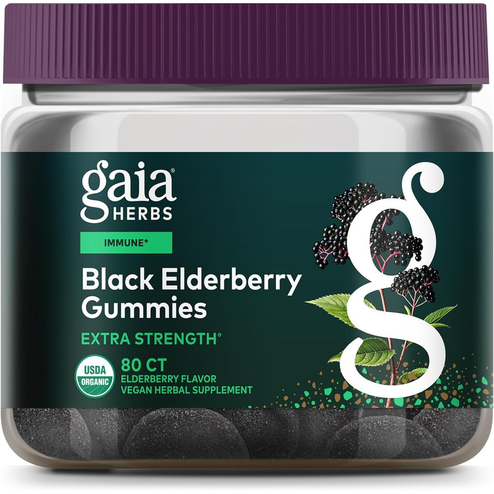 Gaia Herbs Extra Strength Black Elderberry Immune Support 80 Gummies front view bottle for daily wellness.