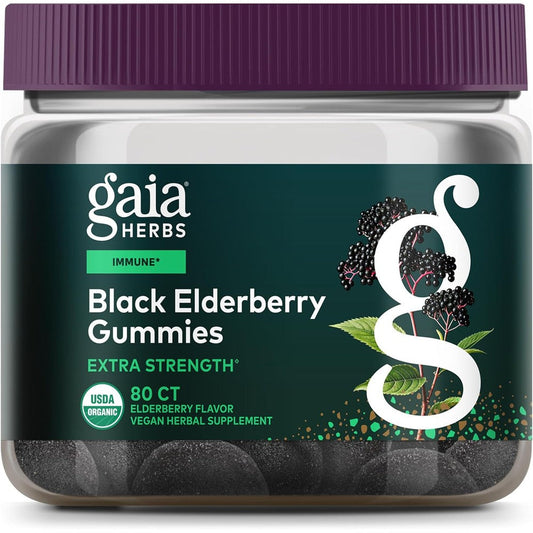Gaia Herbs Extra Strength Black Elderberry Immune Support 80 Gummies front view bottle for daily wellness.