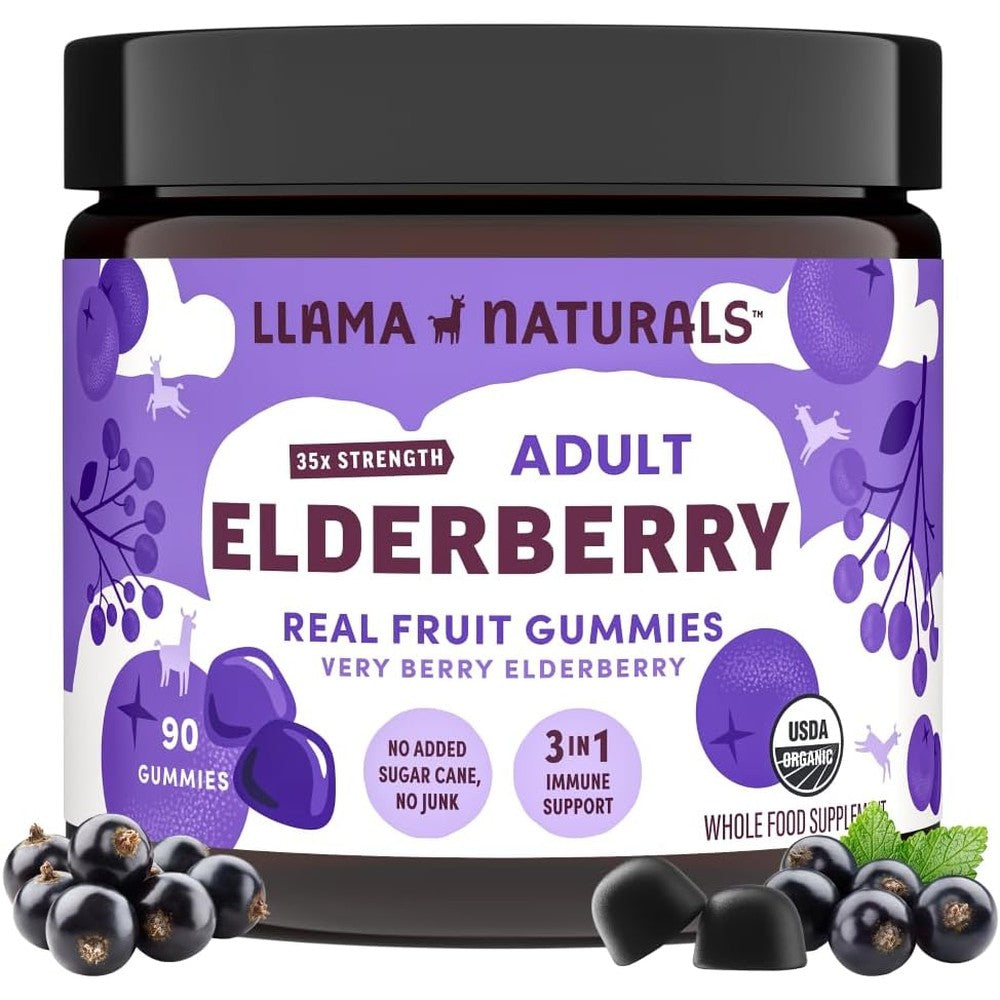 Llama Naturals Elderberry for Adults Immune Support Supplement 90 Gummies front view bottle showcasing organic real fruit vitamin ingredients.