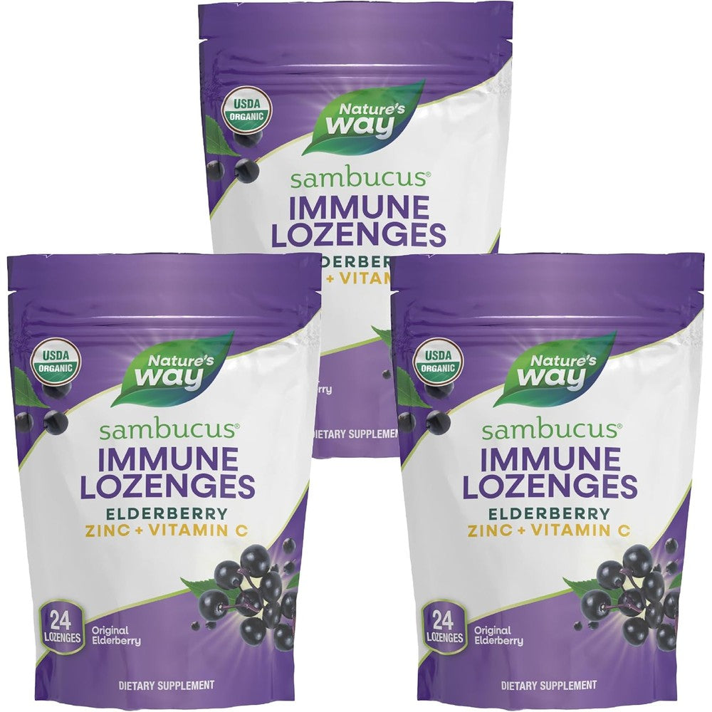 Nature's Way Sambucus Immune Support Lozenges 3 Pack front view package showing original elderberry flavor details