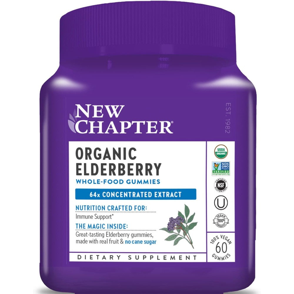 New Chapter Organic Elderberry Gummies bottle front view showing immune support claims.