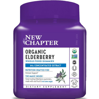 New Chapter Organic Elderberry Gummies bottle front view showing immune support claims.