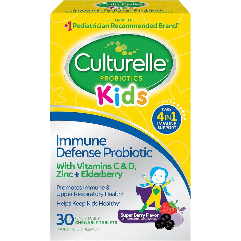 Culturelle Kids Immune Defense Probiotic 30 chewables front packaging showing berry flavor details