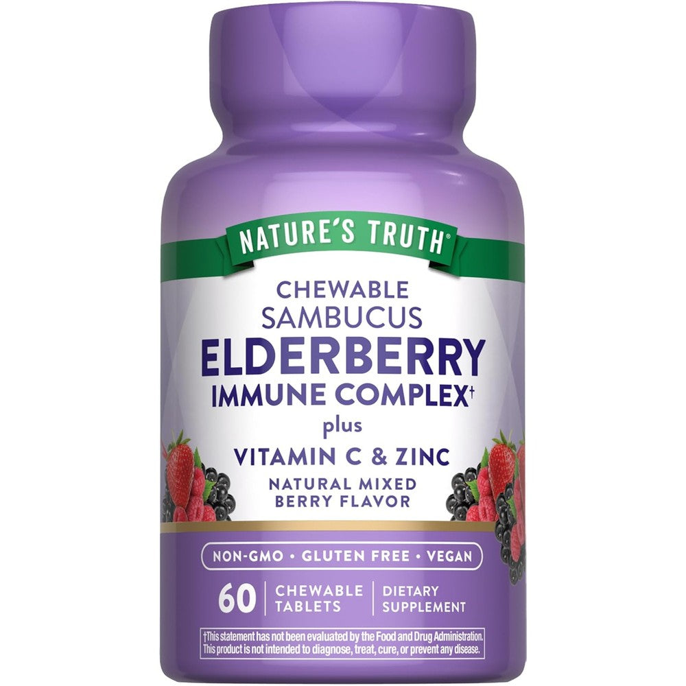 Nature's Truth Elderberry Immune Complex front view bottle of 60 chewable tablets