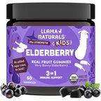 Llama Naturals Kids Elderberry Organic Immune Support Supplement front view bottle showing sixty purple gummies label.