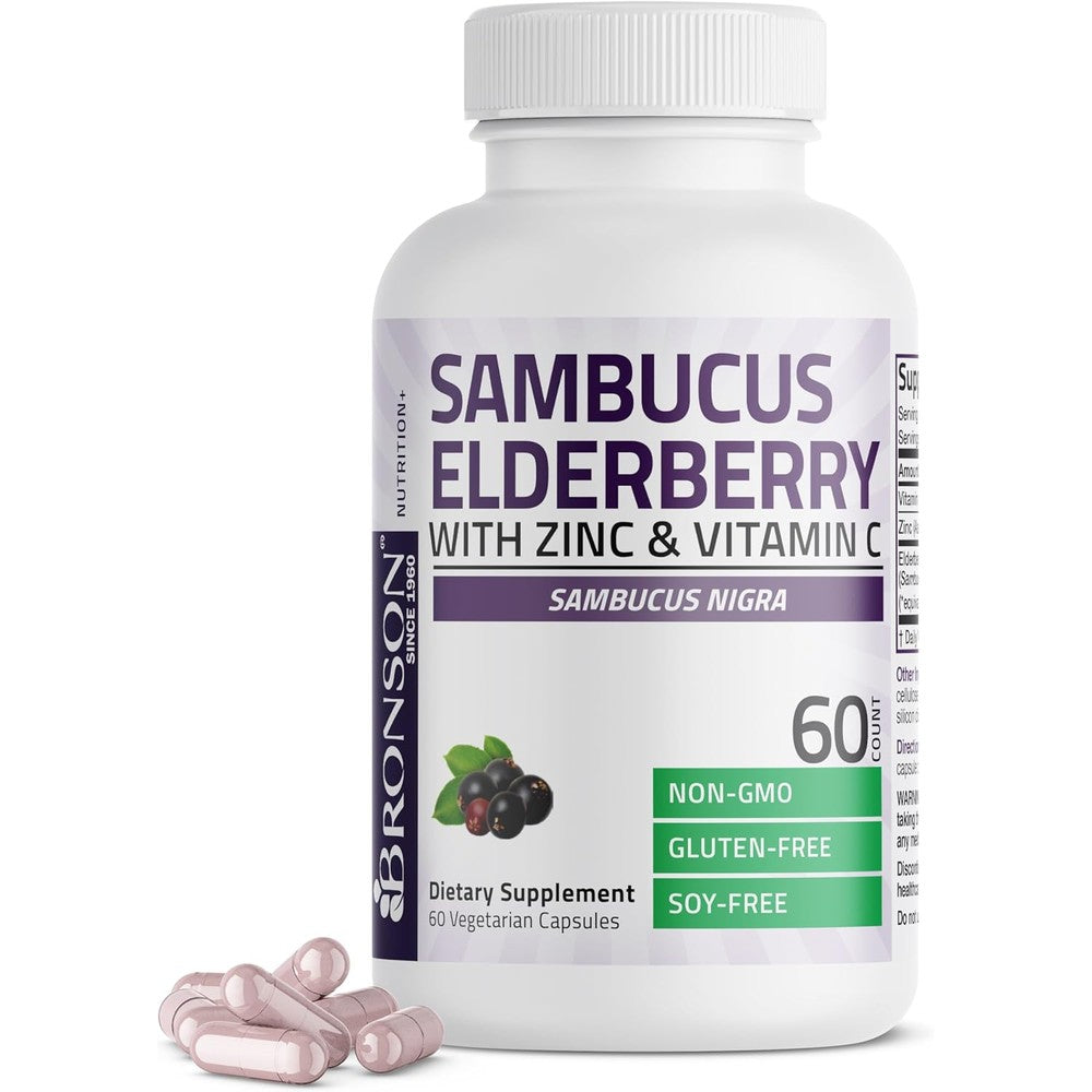 Bronson Sambucus Elderberry Triple Immune Support 60 vegetarian capsules front bottle view