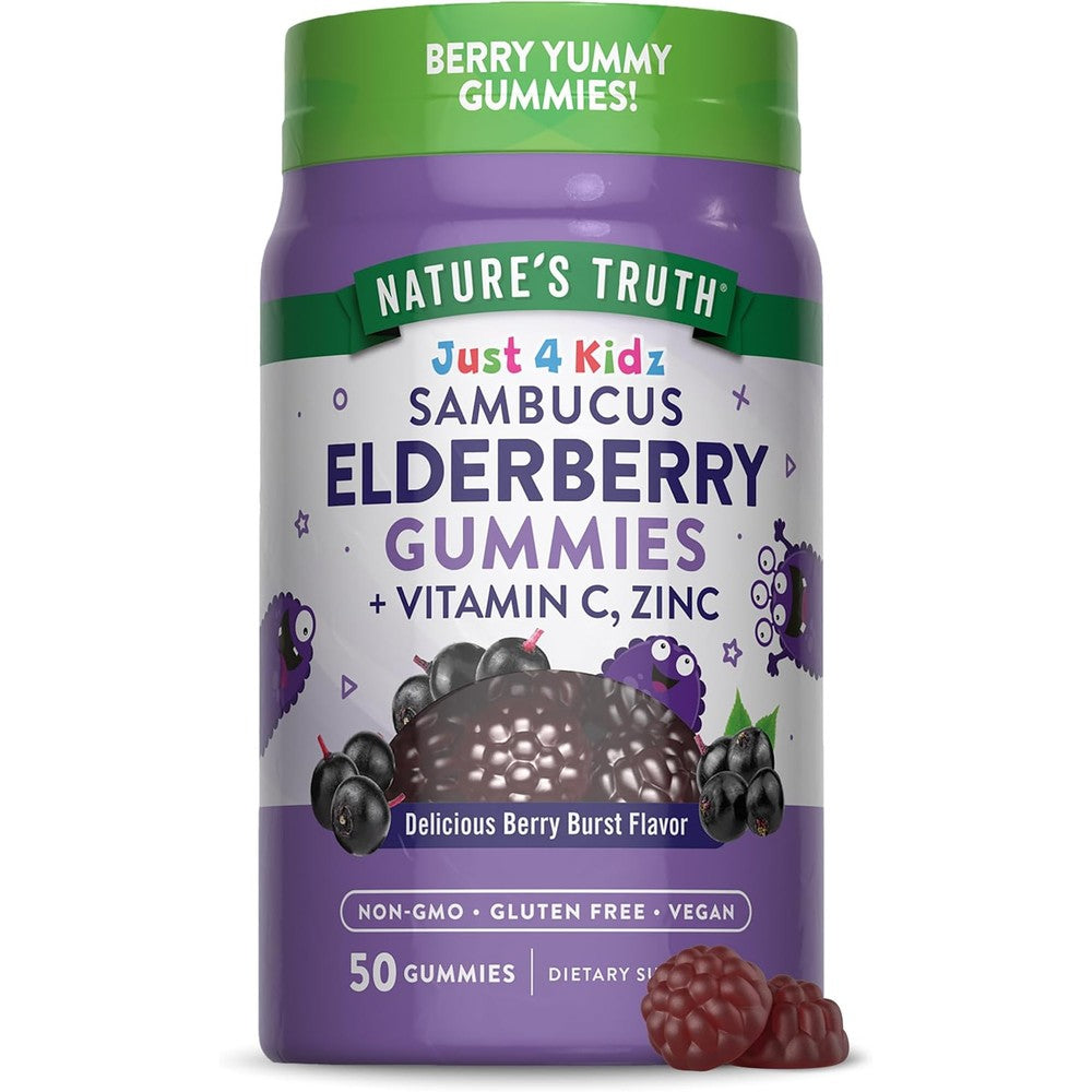 Nature's Truth Kids Black Elderberry Gummies 50 count front view bottle for daily child immunity