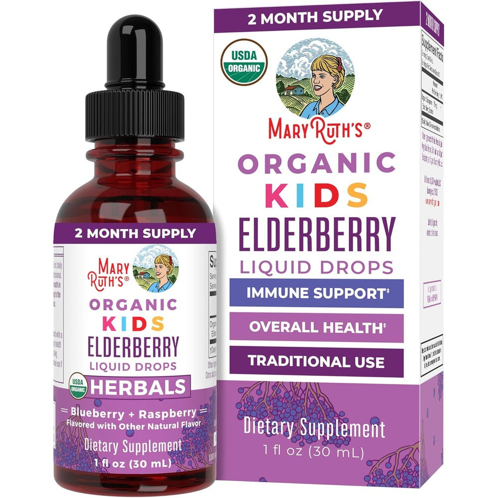 MaryRuth Organics Kids Elderberry Liquid Drops front view bottle for natural immune support