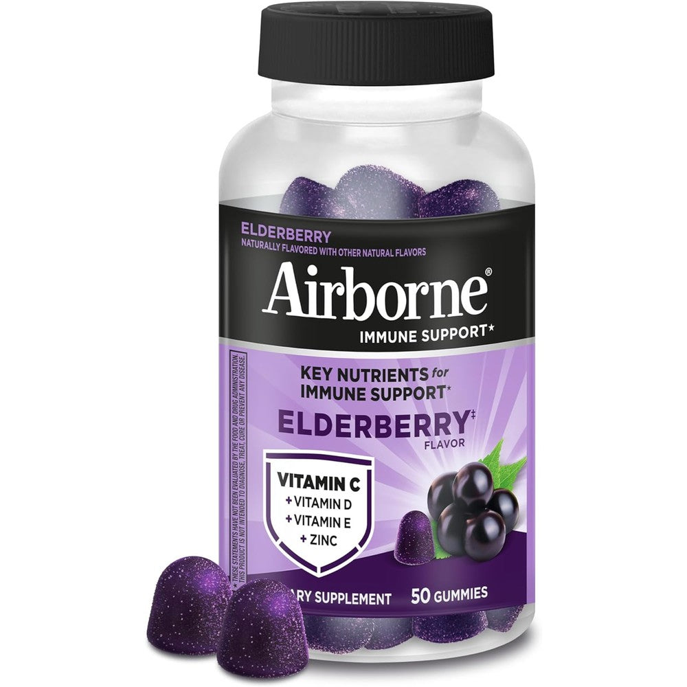Airborne Elderberry plus Zinc and Vitamin C immune support gummies 50 count bottle front view