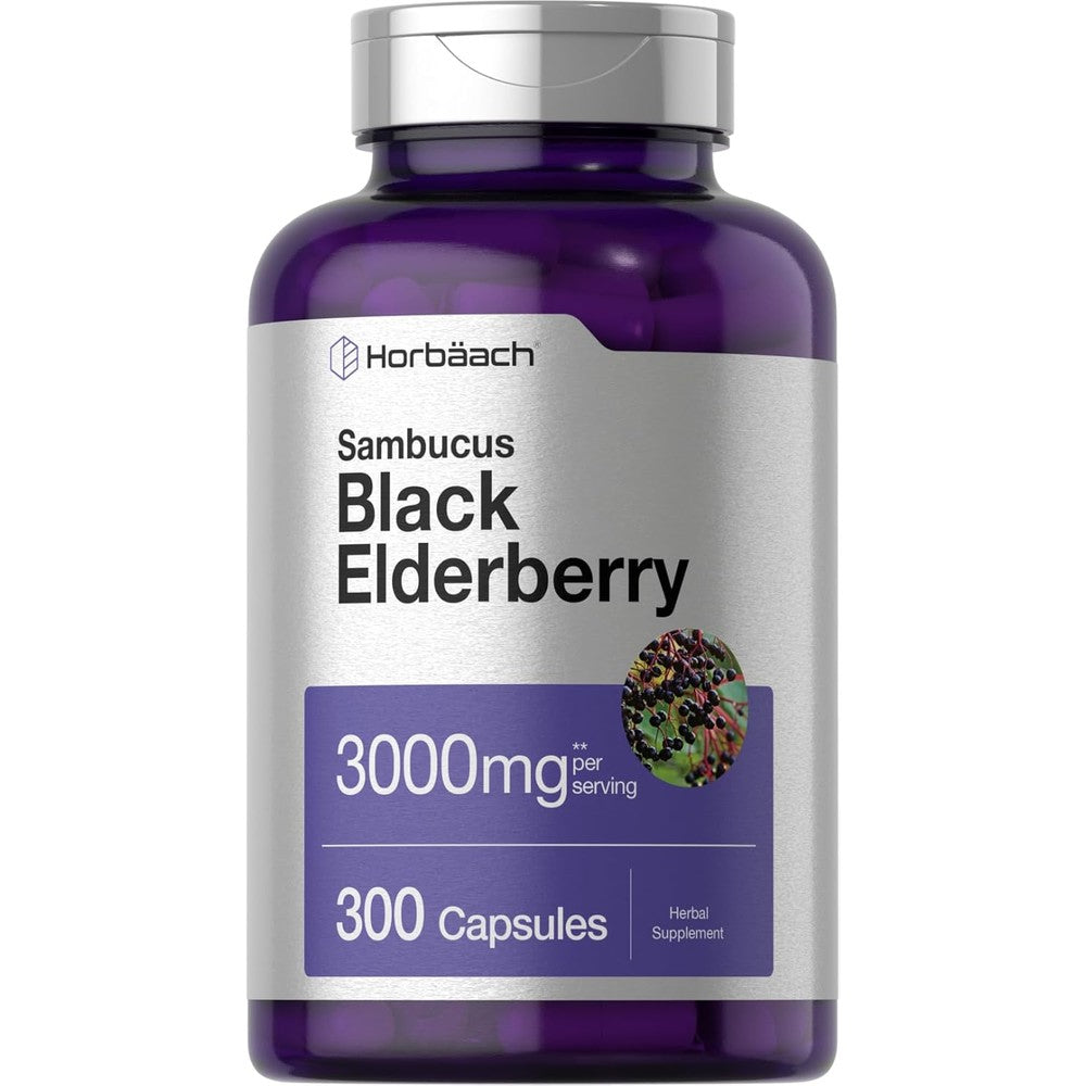 Horbäach Black Elderberry Sambucus 300 capsules front view bottle packaging