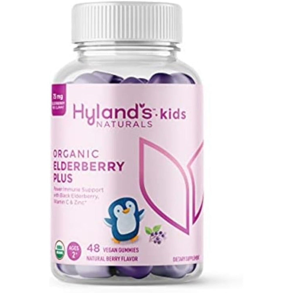 Hylands Naturals Kids Organic Elderberry Plus 48 Gummies bottle front view showing penguin illustration