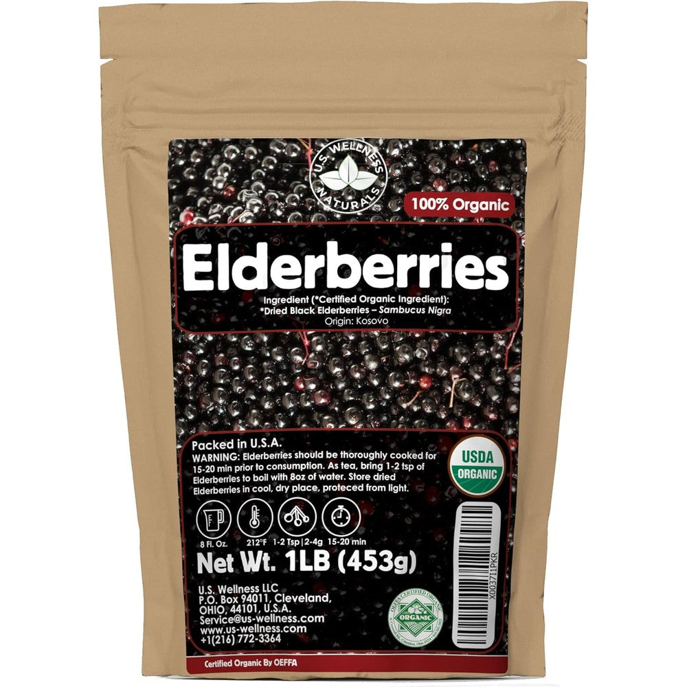 U.S. Wellness Naturals Organic Dried Black Elderberries front view packaging for immune support