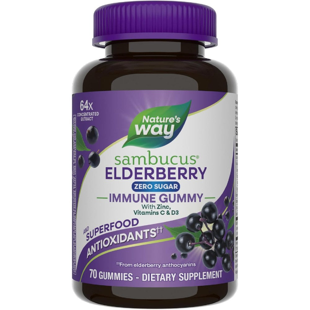 Nature's Way Sambucus Zero Sugar Immune Support 70 Gummies front bottle view for daily health defense.