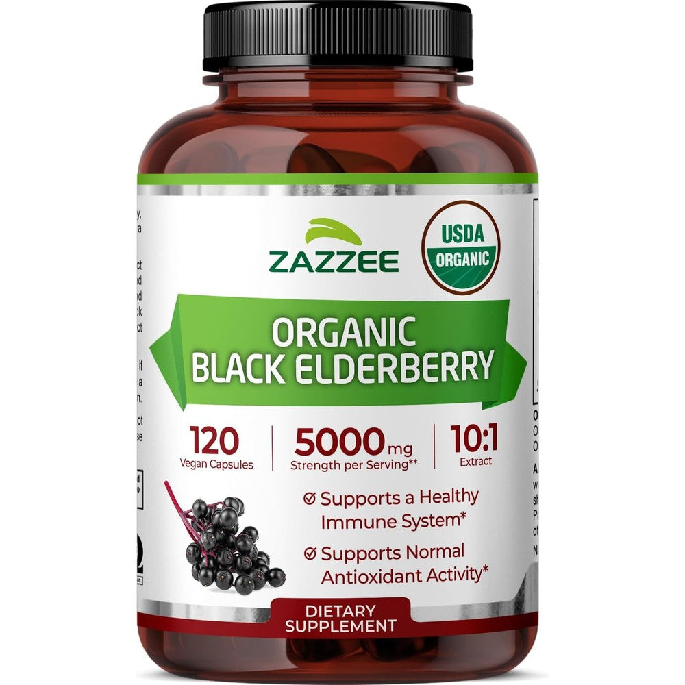 Zazzee USDA Organic Black Elderberry 120 capsules front bottle view for immune support