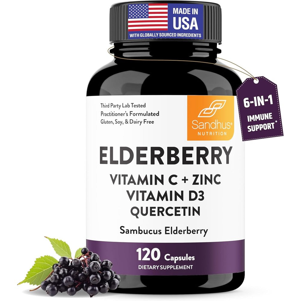 Sandhu's Elderberry Vitamin C and Zinc 120 capsules front view bottle for natural immune support