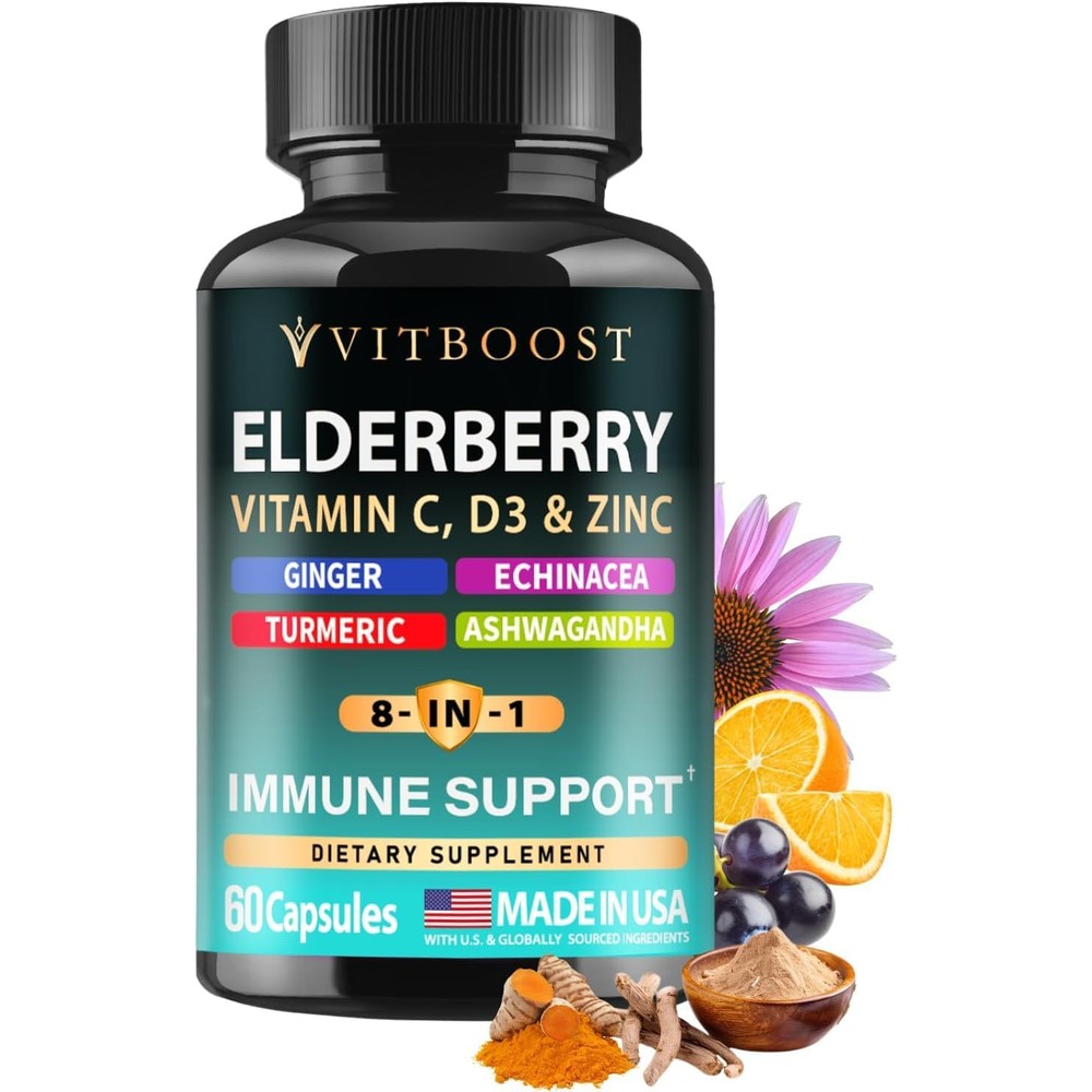 Vitboost Elderberry Immune Support 8 in 1 bottle front view showing product label and capsule count.
