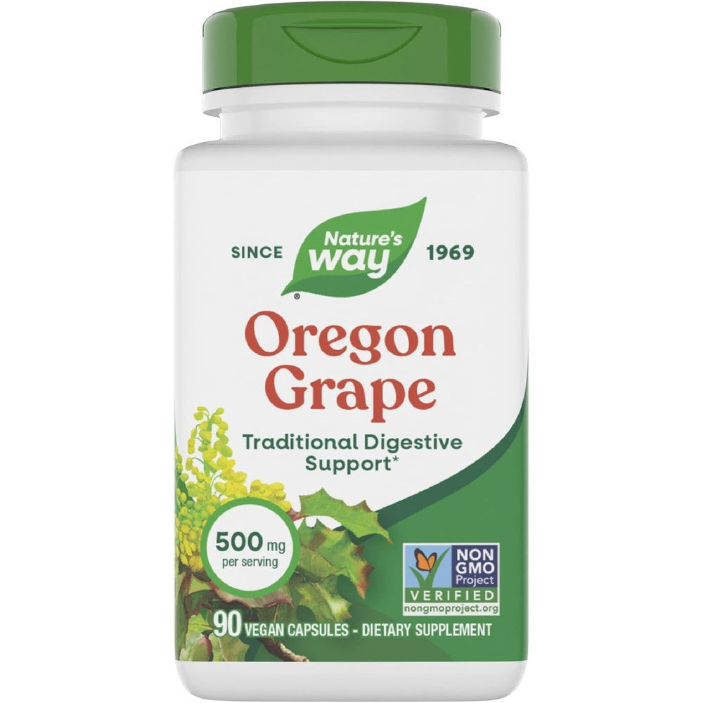 Nature's Way Oregon Grape Root 500mg 90 capsules front view showing the product label for premium traditional digestive support.