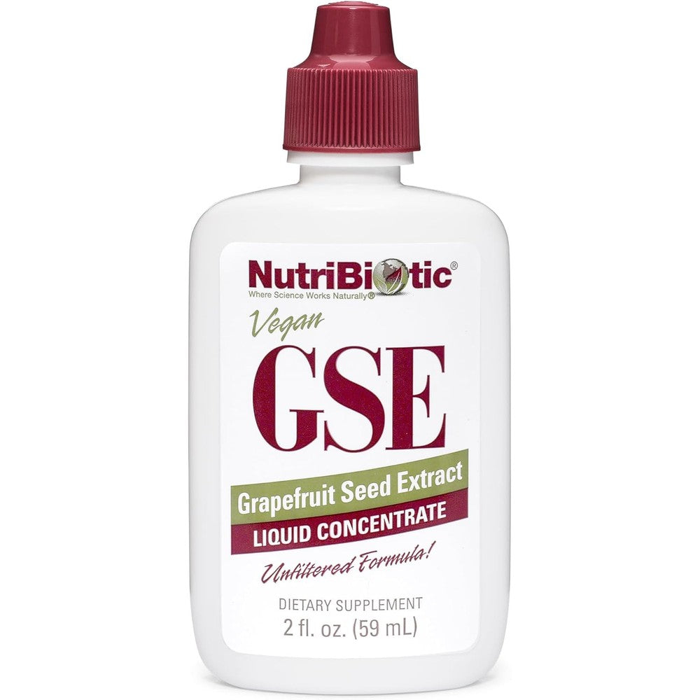 NutriBiotic GSE Grapefruit Seed Extract Liquid Concentrate front view showing bottle label and premium immune supplement packaging