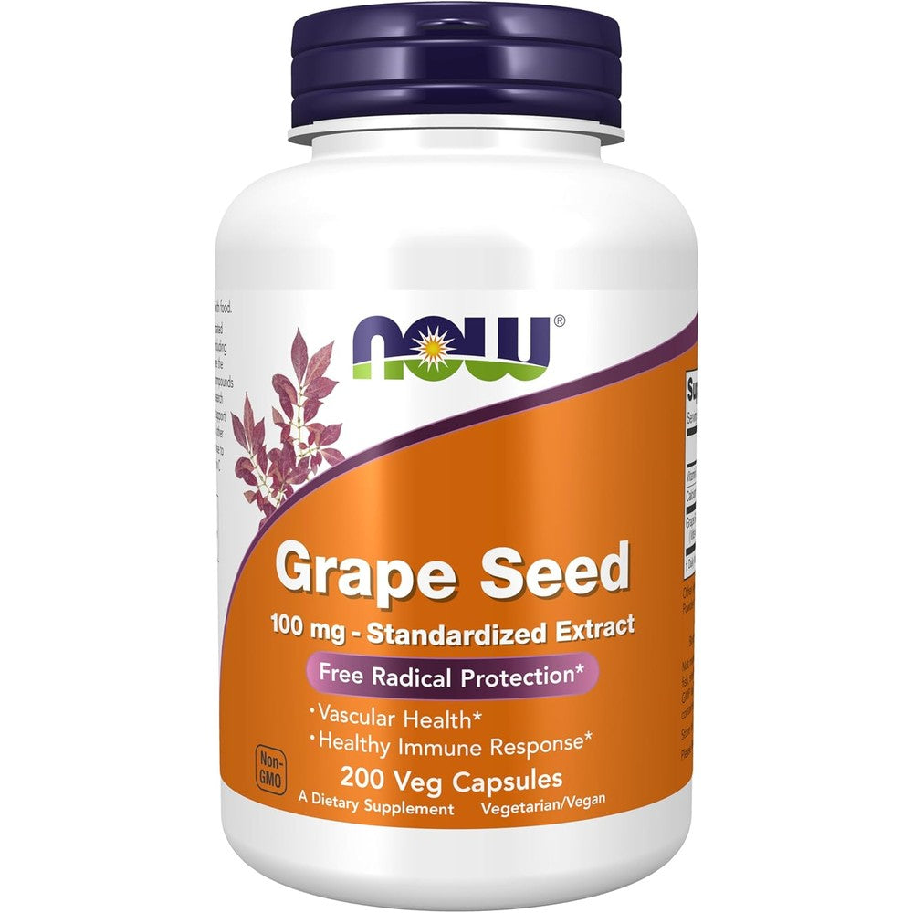 NOW Foods Grape Seed Extract 100 Milligrams Antioxidant Supplement Front Bottle View