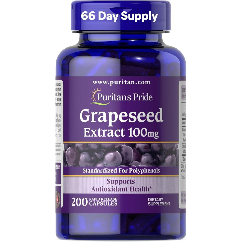 Puritan's Pride Grapeseed Extract 100mg 200 Capsules bottle front view