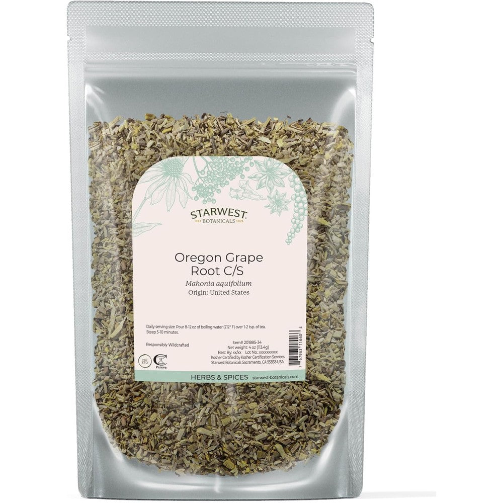 Starwest Botanicals Oregon Grape Root cut and sifted pouch front view