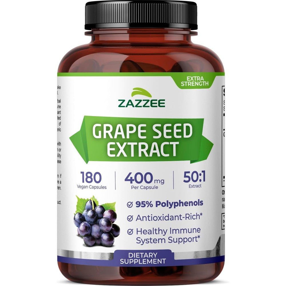 Zazzee Extra Strength Grape Seed Extract 180 capsules bottle front view