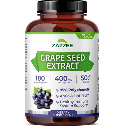 Zazzee Extra Strength Grape Seed Extract 180 capsules bottle front view