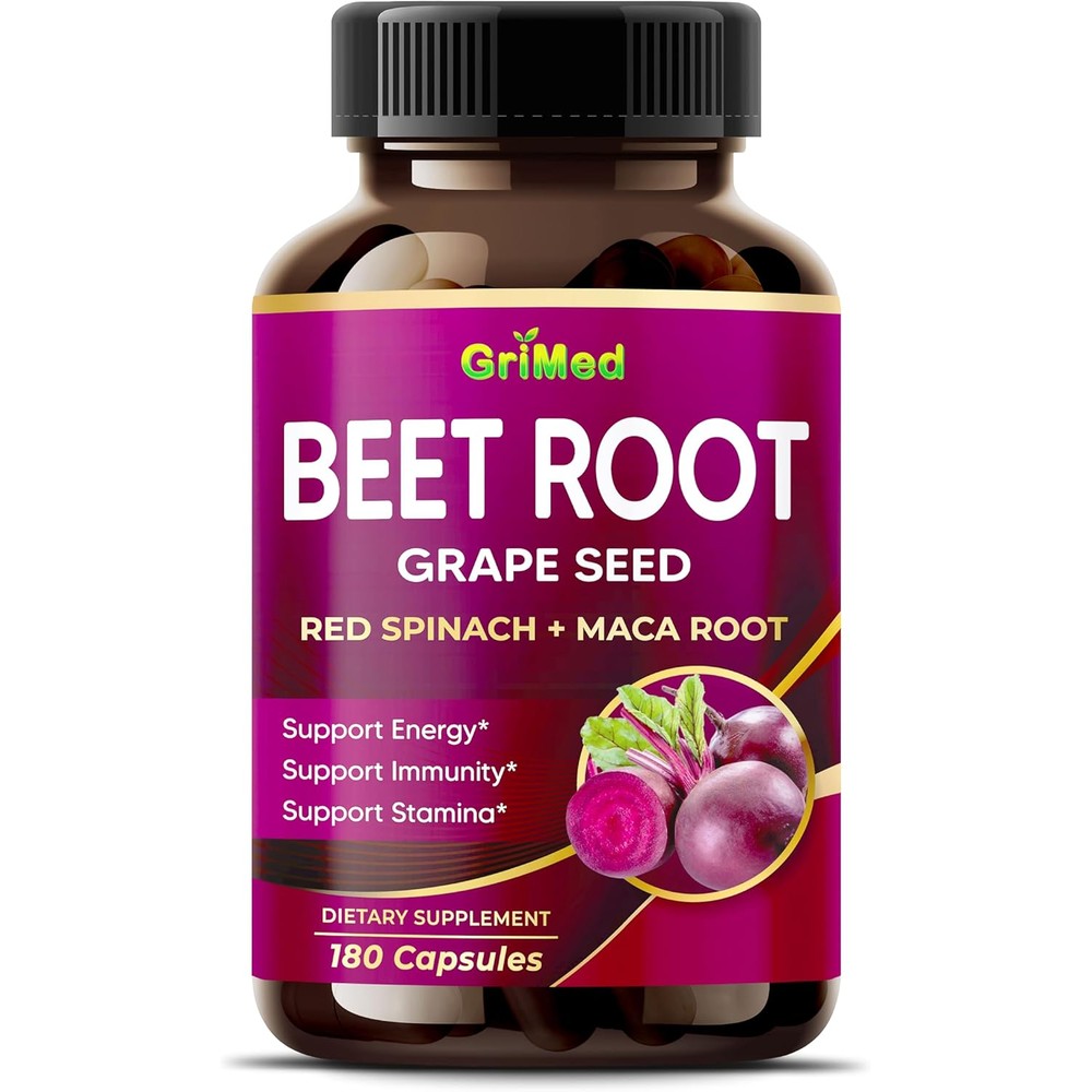 GriMed Beet Root and Maca Root supplement bottle front view