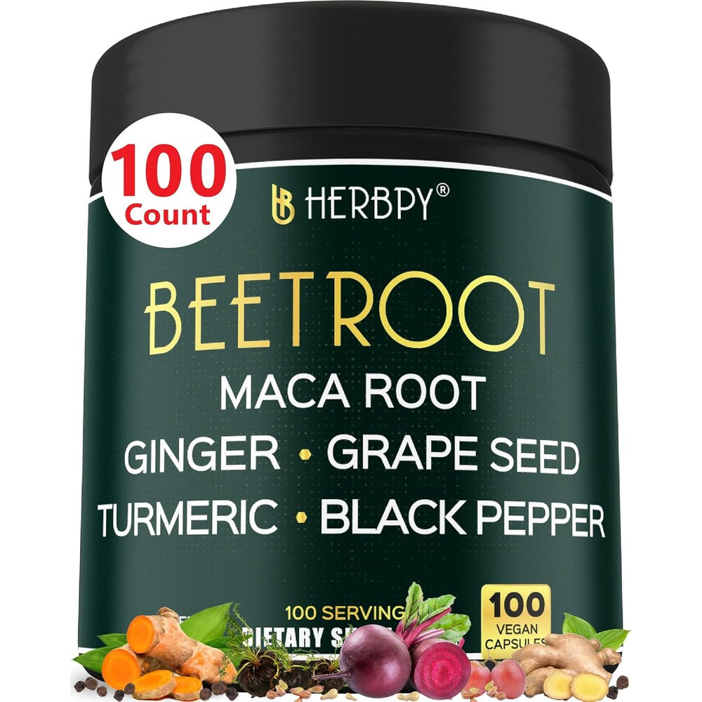 Herbpy 6-in-1 Beetroot and Maca Root capsules bottle front view