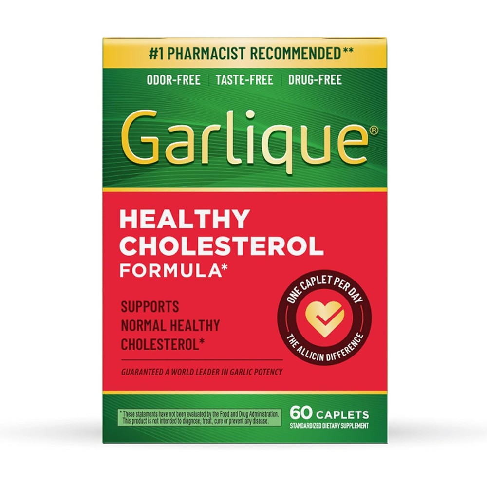 Garlique Odorless Garlic Extract 60 Caplets front view for healthy cholesterol support