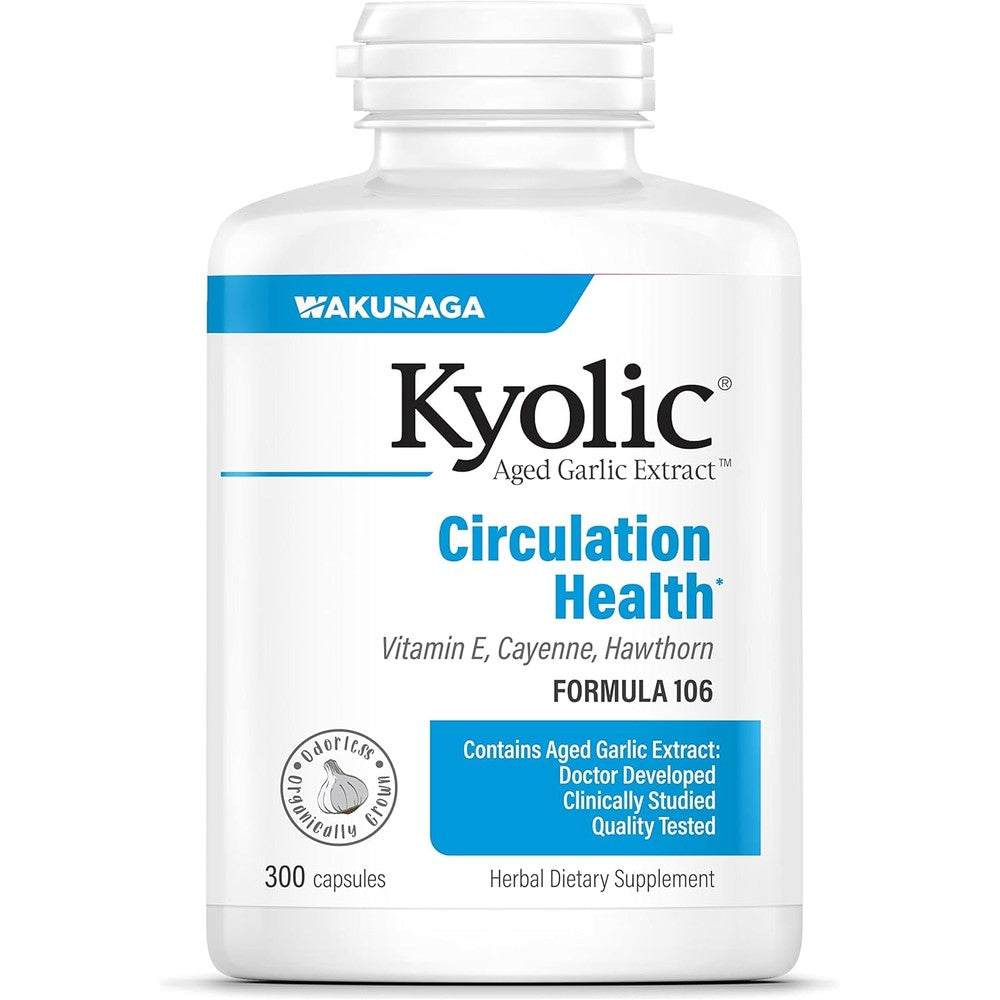 Kyolic Aged Garlic Extract Formula 106 front bottle view for cardiovascular supplement shopping