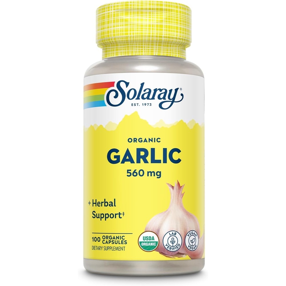 Solaray Organic Garlic 100 Vegetarian Capsules front view bottle for heart health support