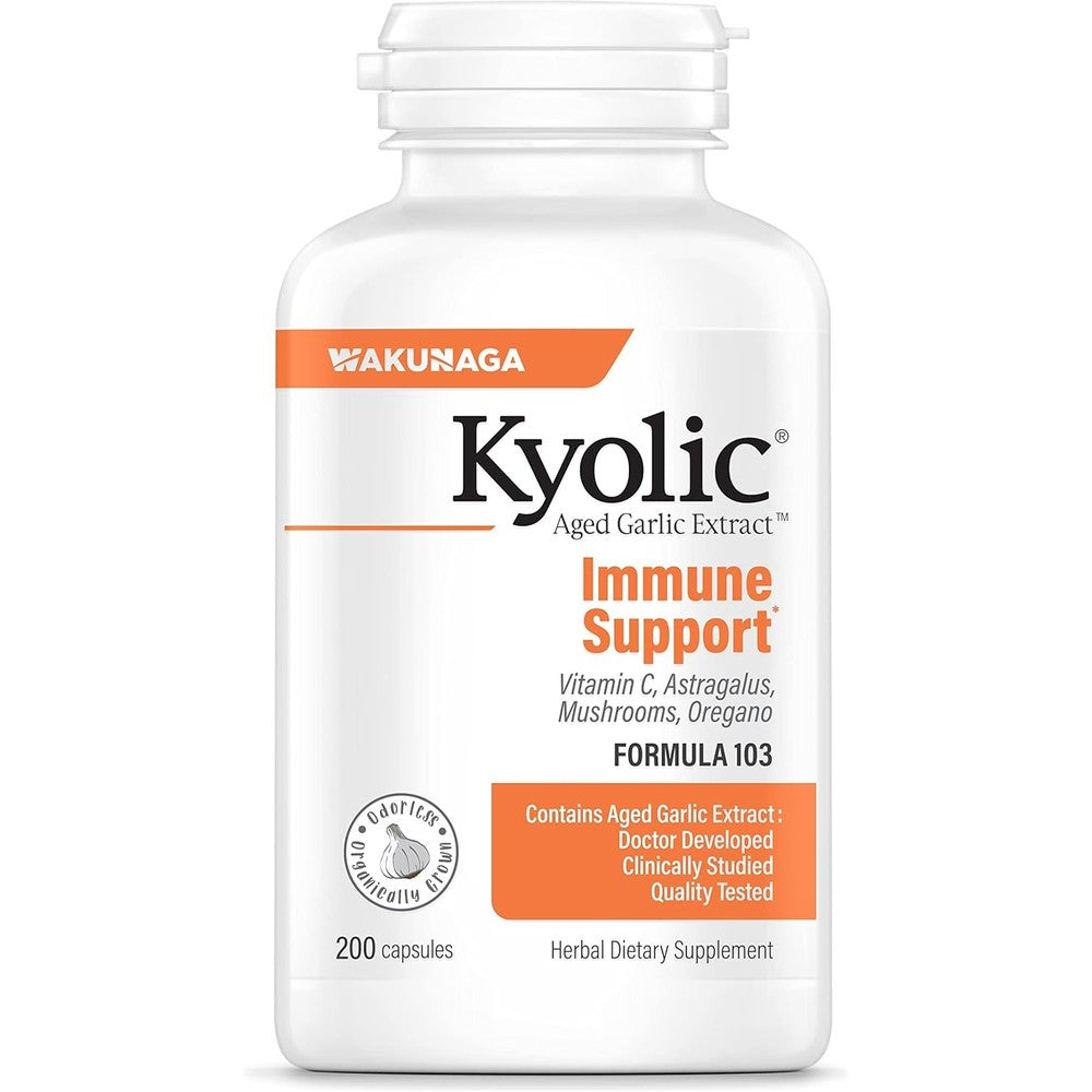 Kyolic Aged Garlic Extract Formula 103 front view bottle for natural immune support